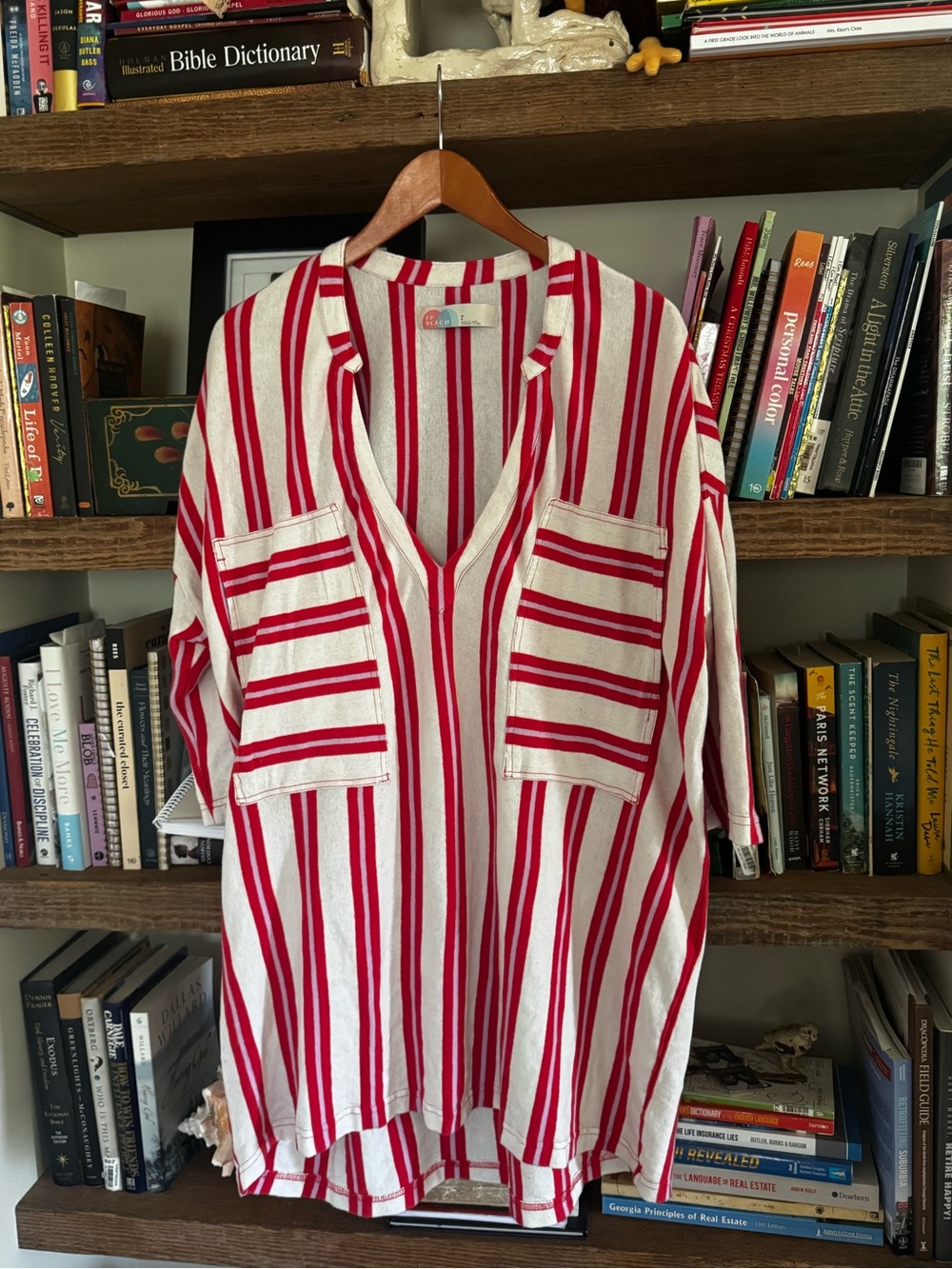 Free People Red and White Striped V-Neck Pocket Tunic Coverup